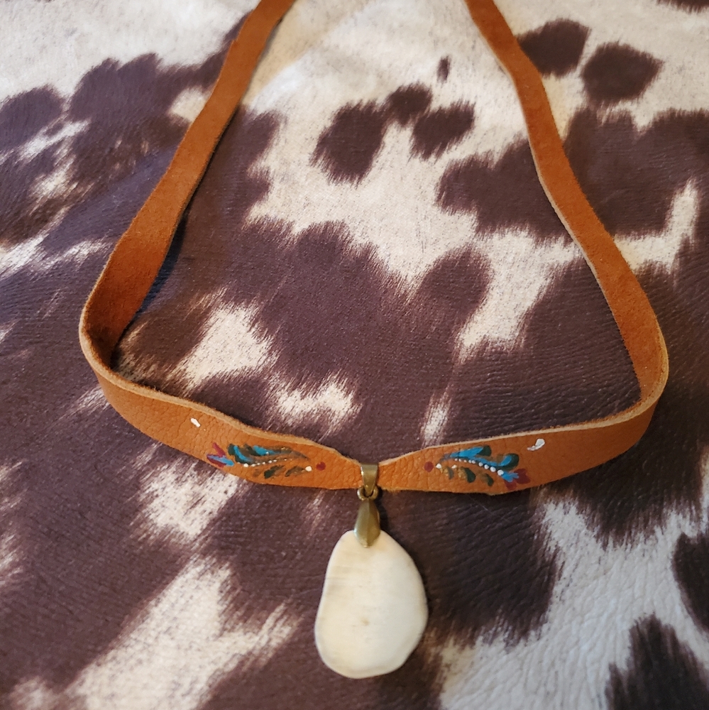 Artesian Made Leather Handpainted Choker With Antler Charm Festival Hippie Boho